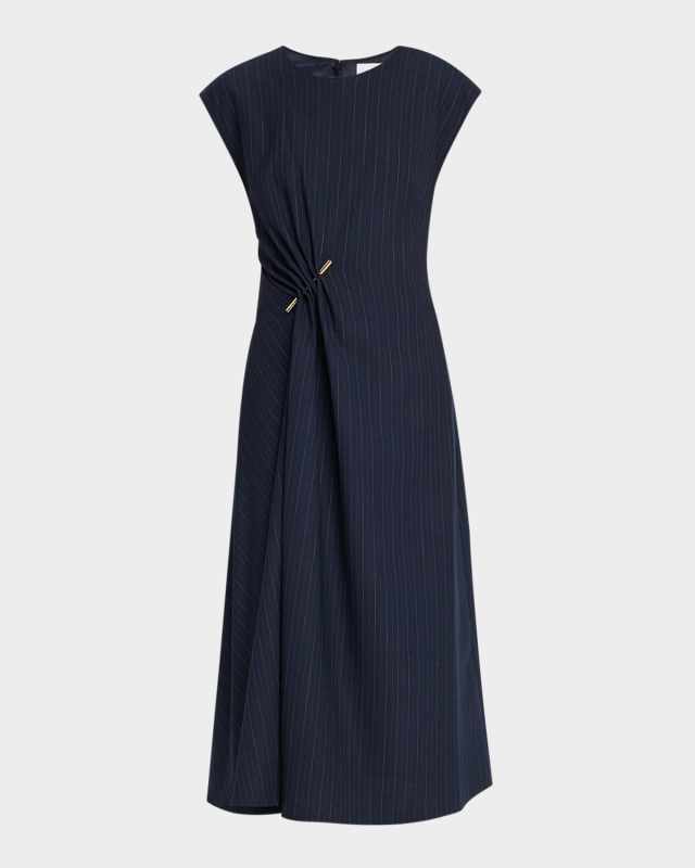 Pin Gathered Pinstripe Cap-Sleeve Midi Dress